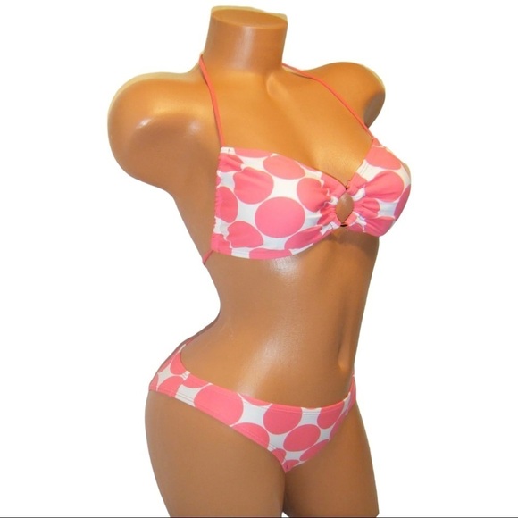 ❤️‍🔥Halter Bandeau O Ring Bikini Polka Dot Pink Swimsuit 0100 - Picture 3 of 4